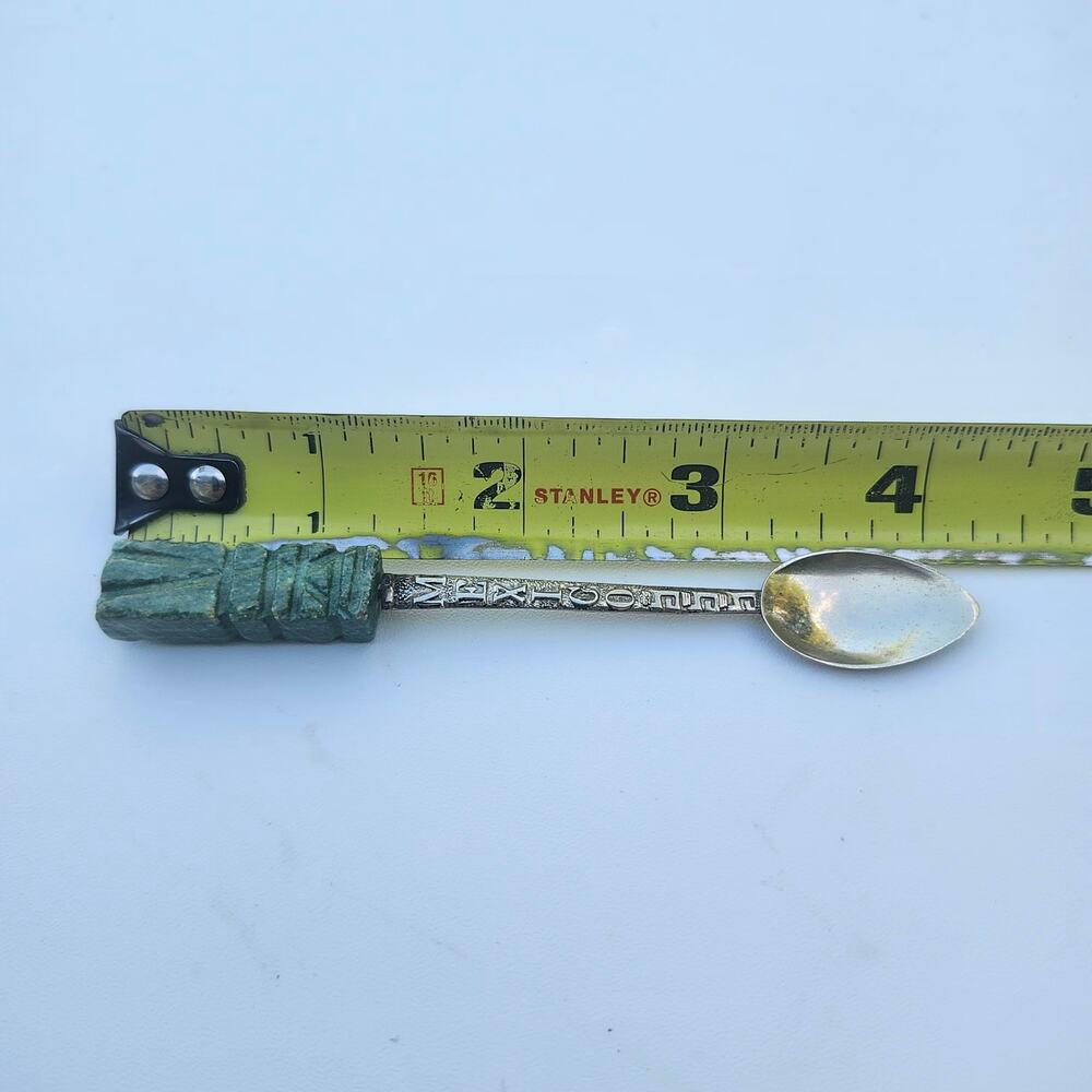 Vintage Mexico Souvenir Spoon Alpaca Silver Jade Handle Aztec Mayan Totem 4in - Picture 2 of 8